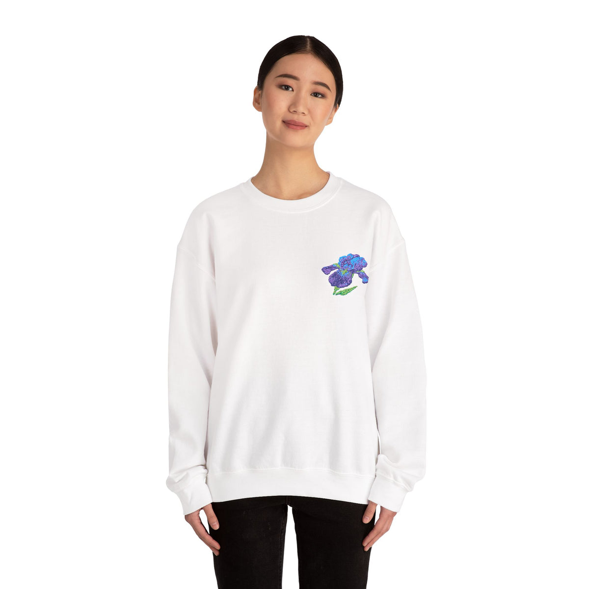 Unisex embroidered iris floral sweatshirt with floral design on the left chest, made by Printify.