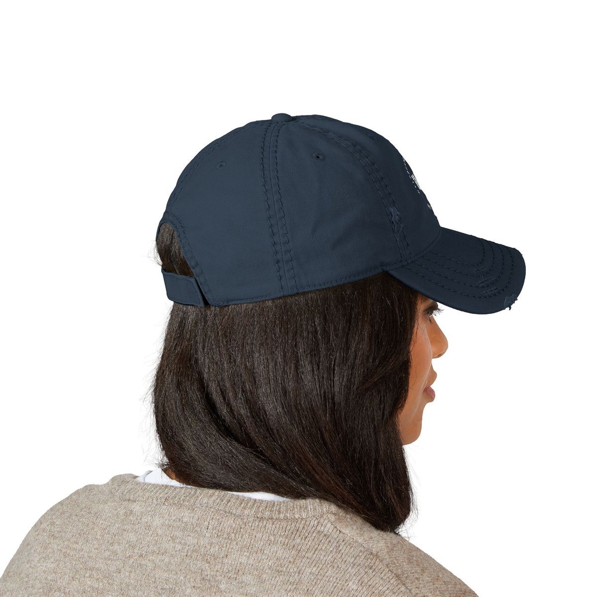 Distressed embroidered dad hat with vintage washed finish, casual baseball cap from Printify featuring stylish embroidery.