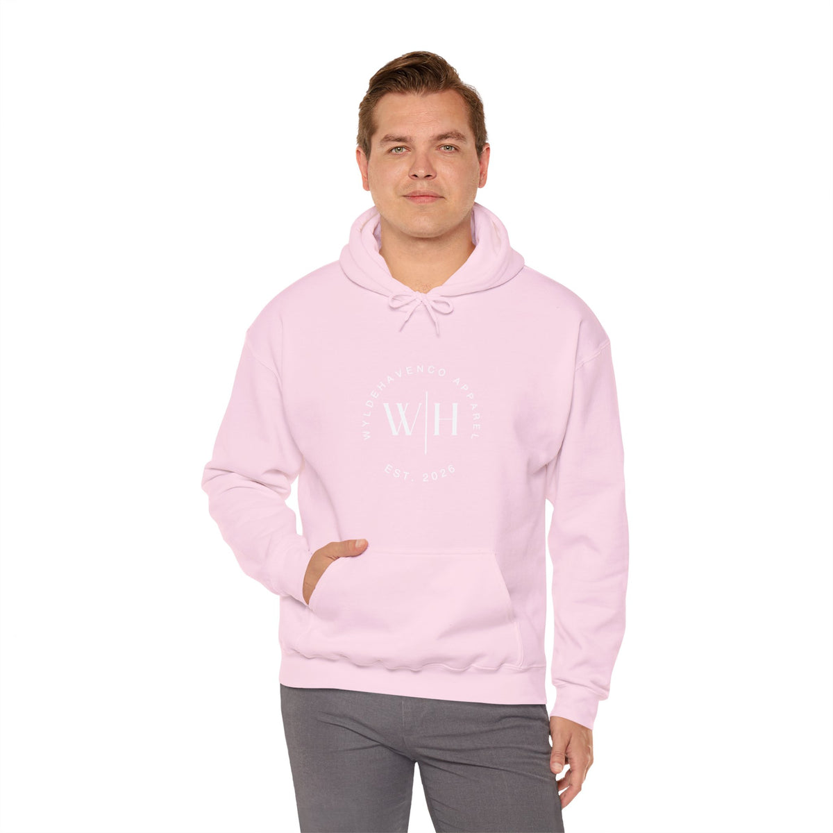 Gray Monogram Circle Hoodie by WyldeHaven Apparel with Est. 2026 logo, featuring a comfortable sweatshirt with a stylish monogram design.