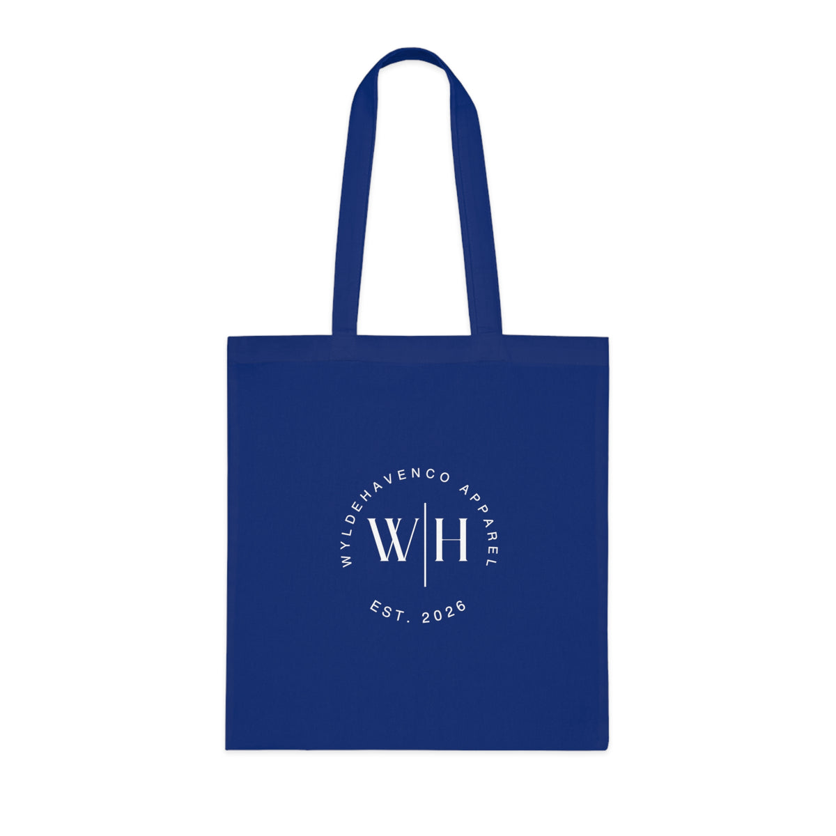 Printify Monogram Circle cotton tote bag with WH logo, stylish canvas bag featuring a round monogram design and sturdy handles.