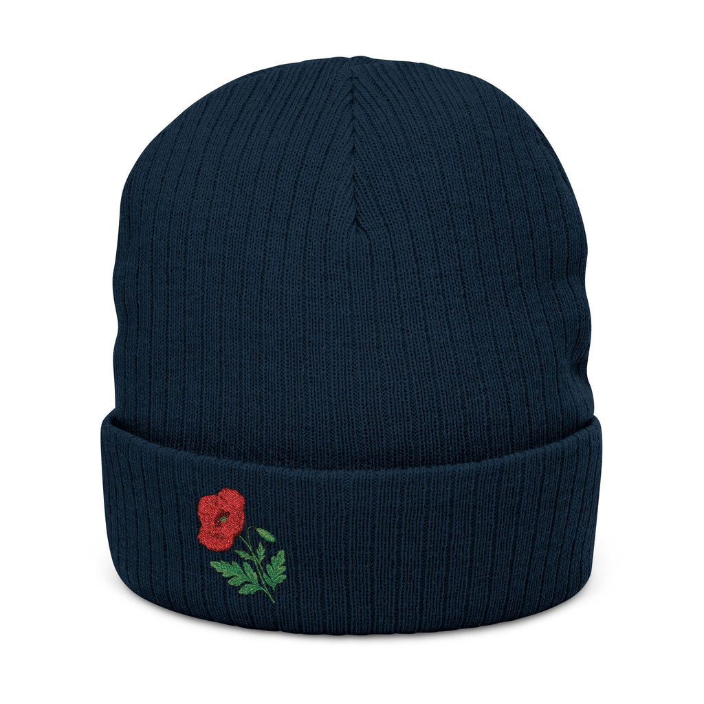 Soft knit embroidered poppy beanie hat with floral design, unisex winter hat by WyldeHaven Apparel, suitable for everyday wear.