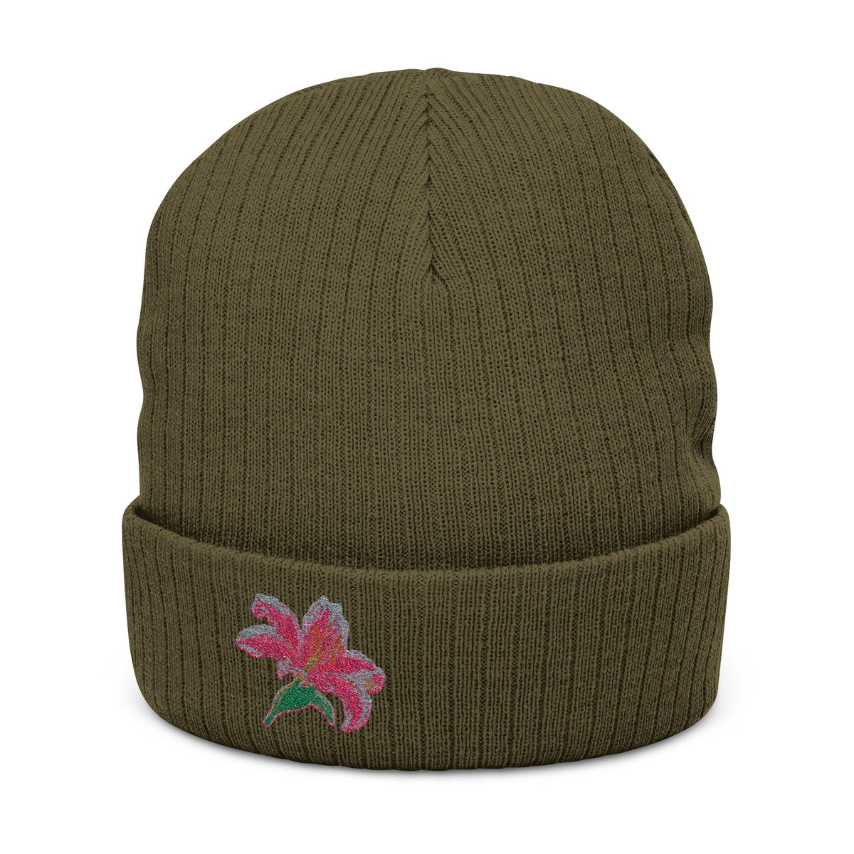 Soft knit embroidered Lily Beanie hat with floral design, unisex winter hat by WyldeHaven Apparel, featuring colorful floral embroidery.