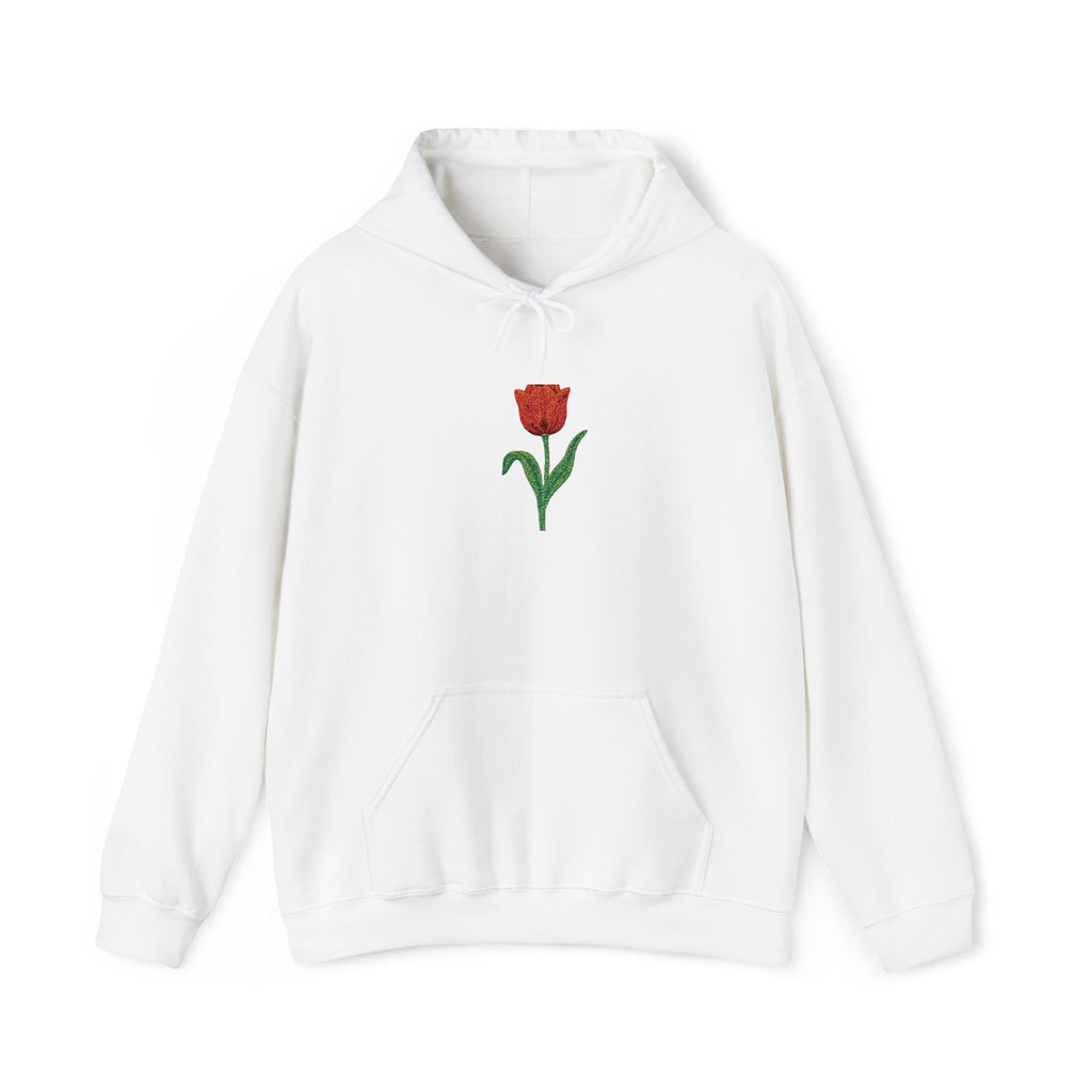 Red hoodie with embroidered red tulip and floral design on the center front, from Printify, showcasing detailed embroidery.