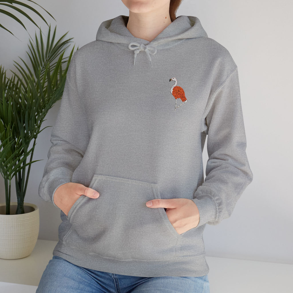 Unisex hoodie with pink flamingo embroidery from Wyldelife Collection, featuring wildlife-inspired embroidery on a comfortable Printify hoodie.