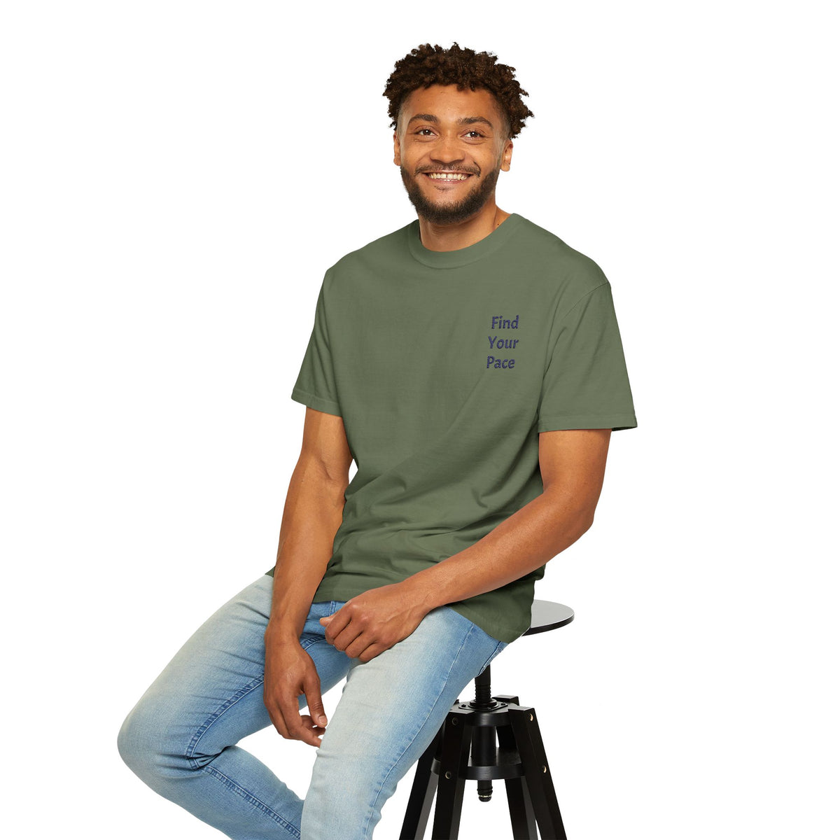 Black Find Your Pace T-Shirt with minimal motivational chest print, made by Printify, casual and stylish activewear for running or training.