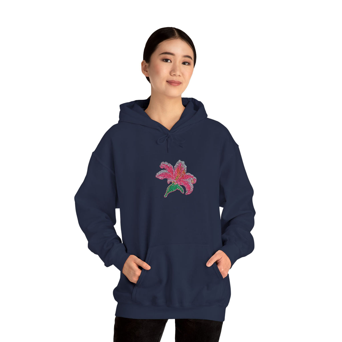 Embroidered Lily Flower hoodie by Printify featuring a center front floral design on a casual hoodie.