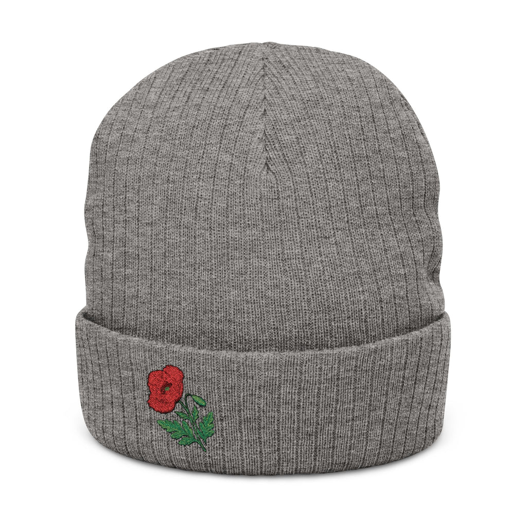 Soft knit embroidered poppy beanie hat with floral design, unisex winter hat by WyldeHaven Apparel, suitable for everyday wear.