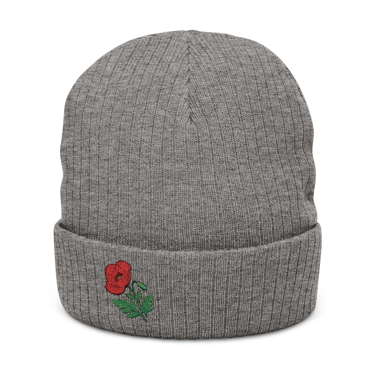 Soft knit embroidered poppy beanie hat with floral design, unisex winter hat by WyldeHaven Apparel, suitable for everyday wear.