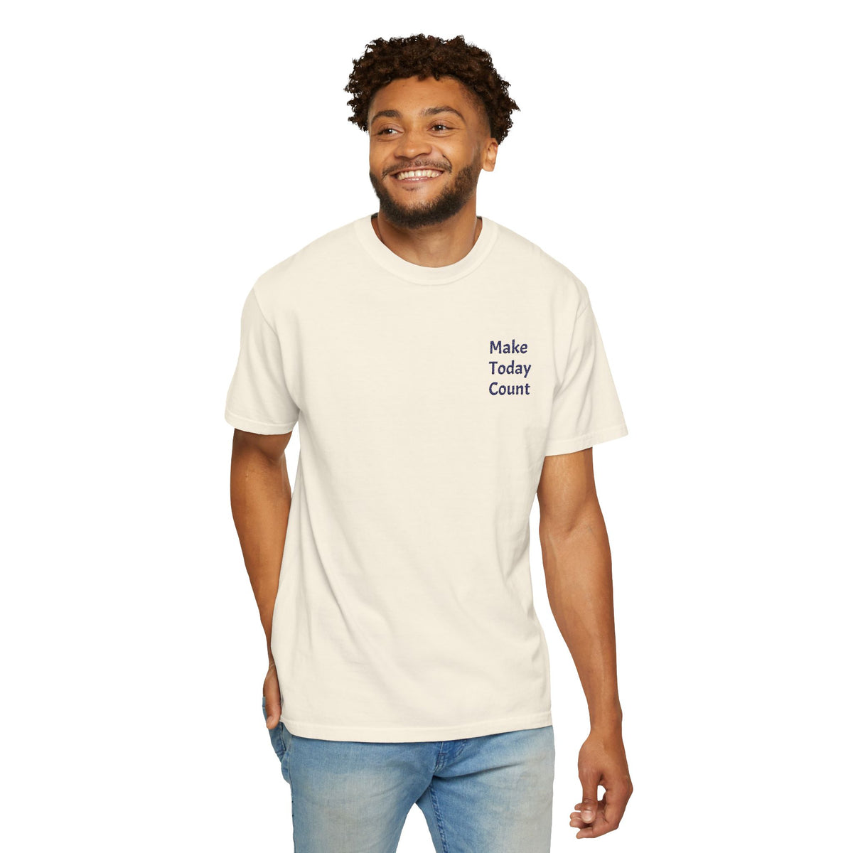 Minimal inspirational Make Today Count T-Shirt by Printify featuring a simple pocket design and motivational message.