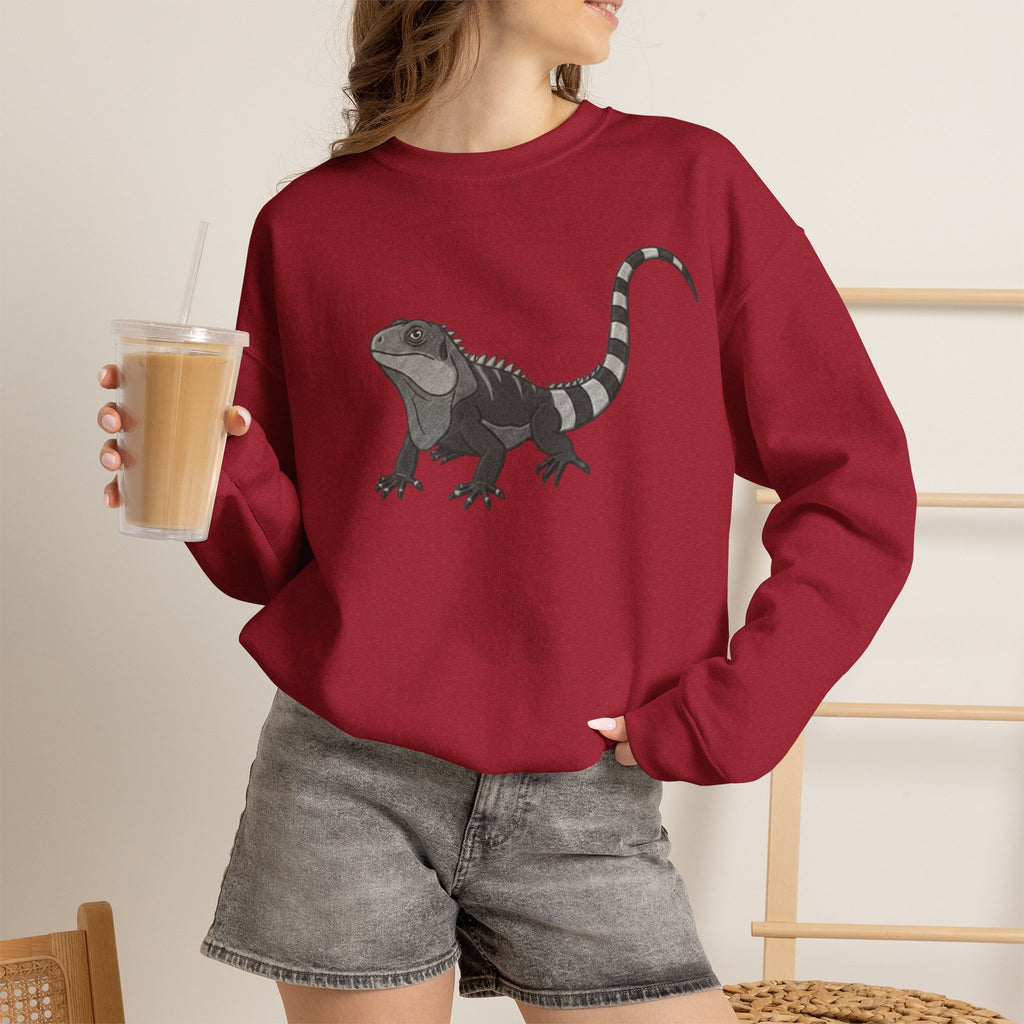 Iguana graphic sweatshirt from Wyldelife Collection featuring colorful wildlife art on a cozy Printify sweatshirt.