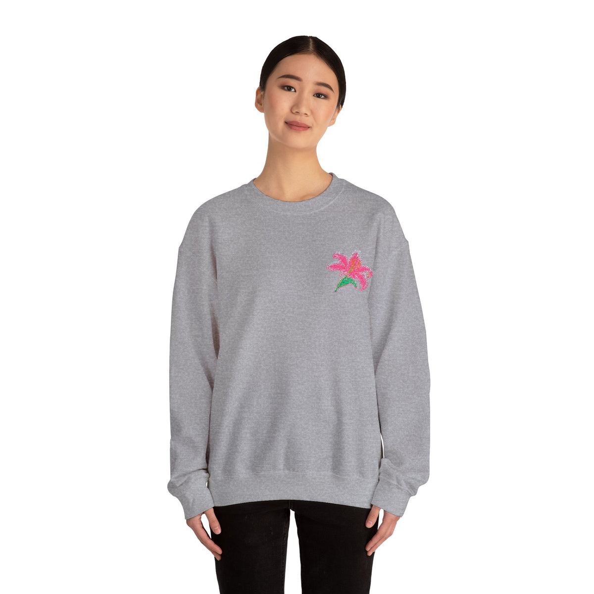 Unisex embroidered lily sweatshirt with floral design on the left chest, made by Printify, casual and comfortable jumper.
