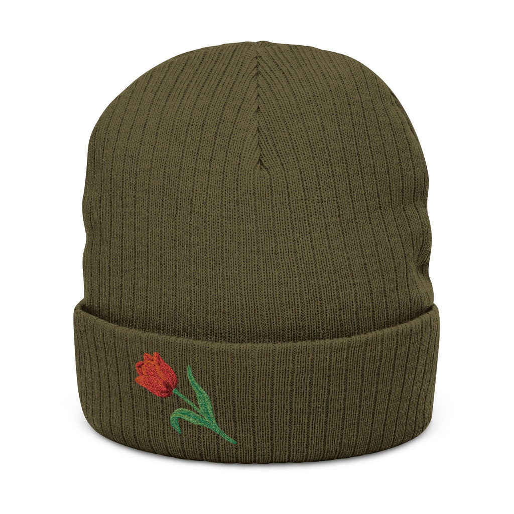 Soft knit embroidered tulip beanie hat with floral design, unisex winter hat by WyldeHaven Apparel, perfect for cold weather.