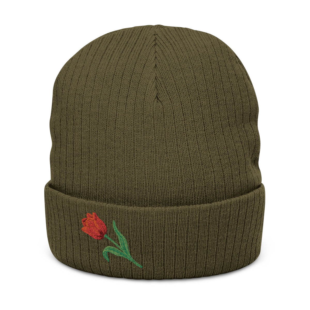Soft knit embroidered tulip beanie hat with floral design, unisex winter hat by WyldeHaven Apparel, perfect for cold weather.