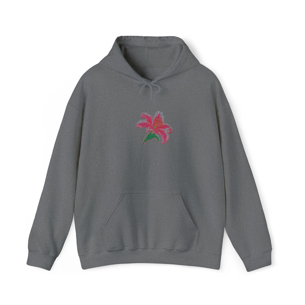 Printify embroidered lily flower hoodie with a center front floral design, featuring detailed floral embroidery on a cozy hoodie.