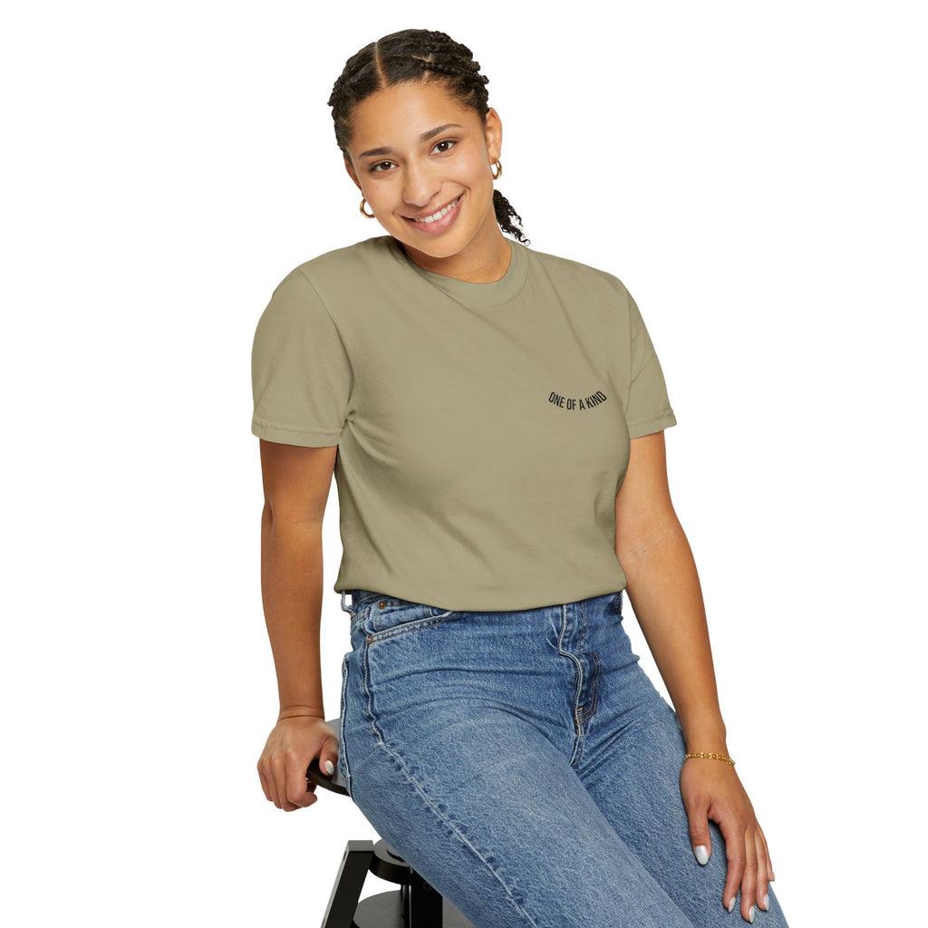White "One of a Kind" Chest Logo T-shirt by Printify, featuring a minimalist logo on the front, displayed on a plain background.