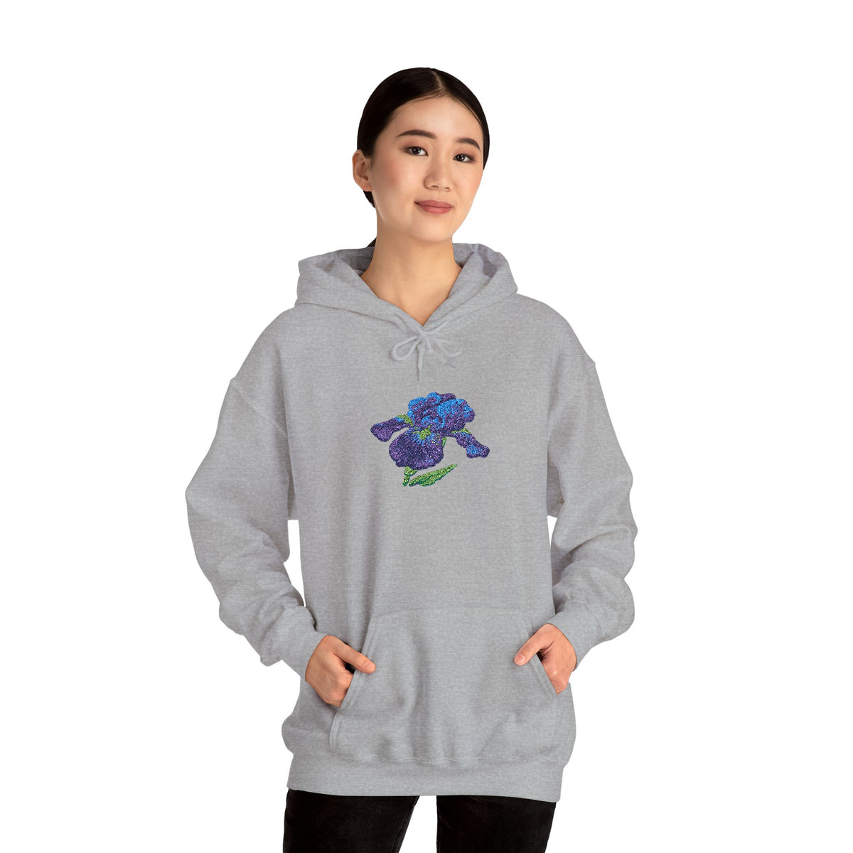 Embroidered iris flower hoodie by Printify featuring a center front floral design in vibrant colors on a cozy garment.