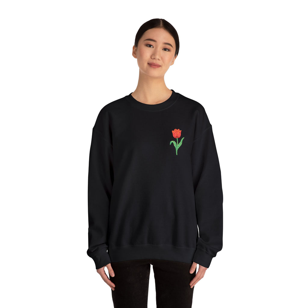 Unisex embroidered tulip floral sweatshirt with a left chest design, made by Printify, in a cozy casual style.