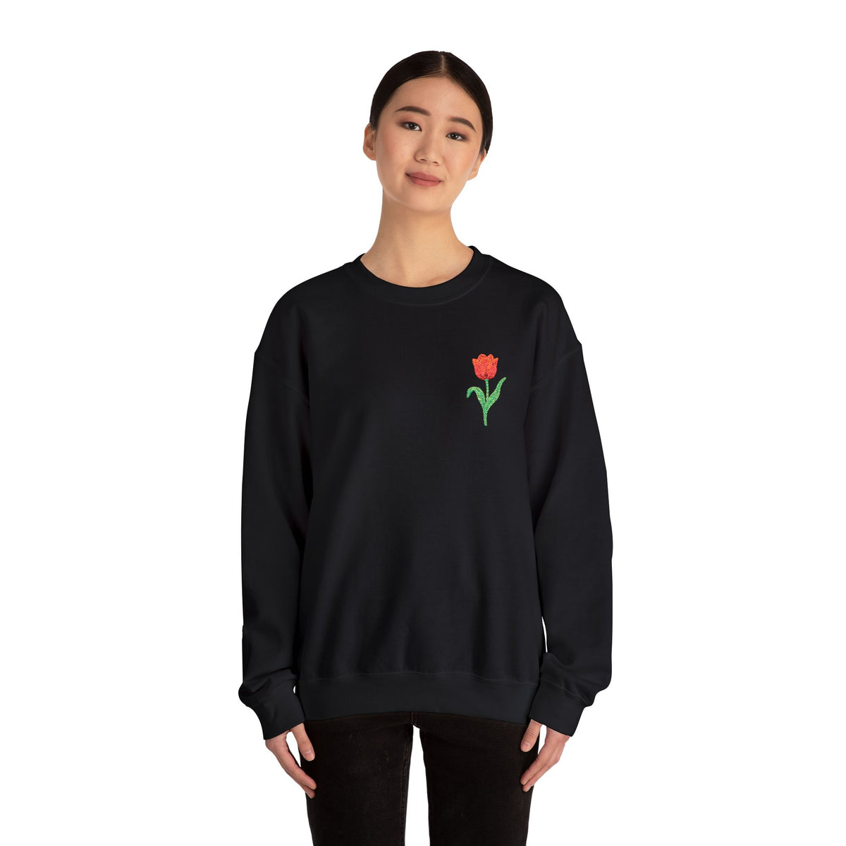 Unisex embroidered tulip floral sweatshirt with a left chest design, made by Printify, in a cozy casual style.