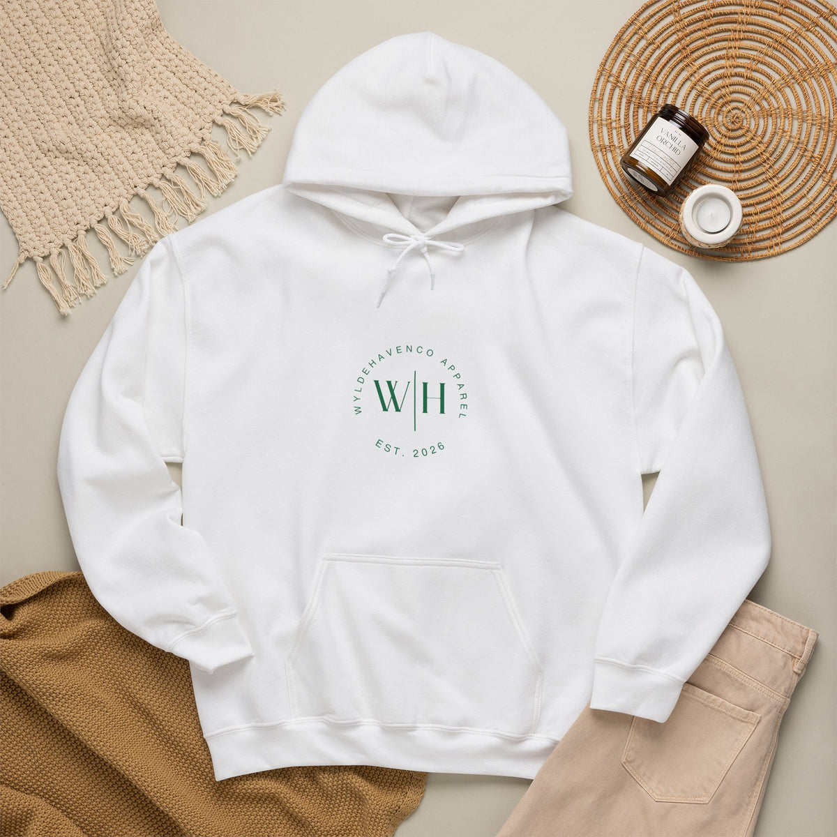 Gray Monogram Circle Hoodie by WyldeHaven Apparel featuring Est. 2026 logo and print on the front, casual and comfortable sweatshirt.