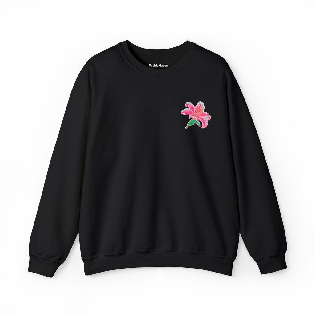 Unisex embroidered lily sweatshirt with floral design on the left chest by Printify, featuring a cozy jumper style.