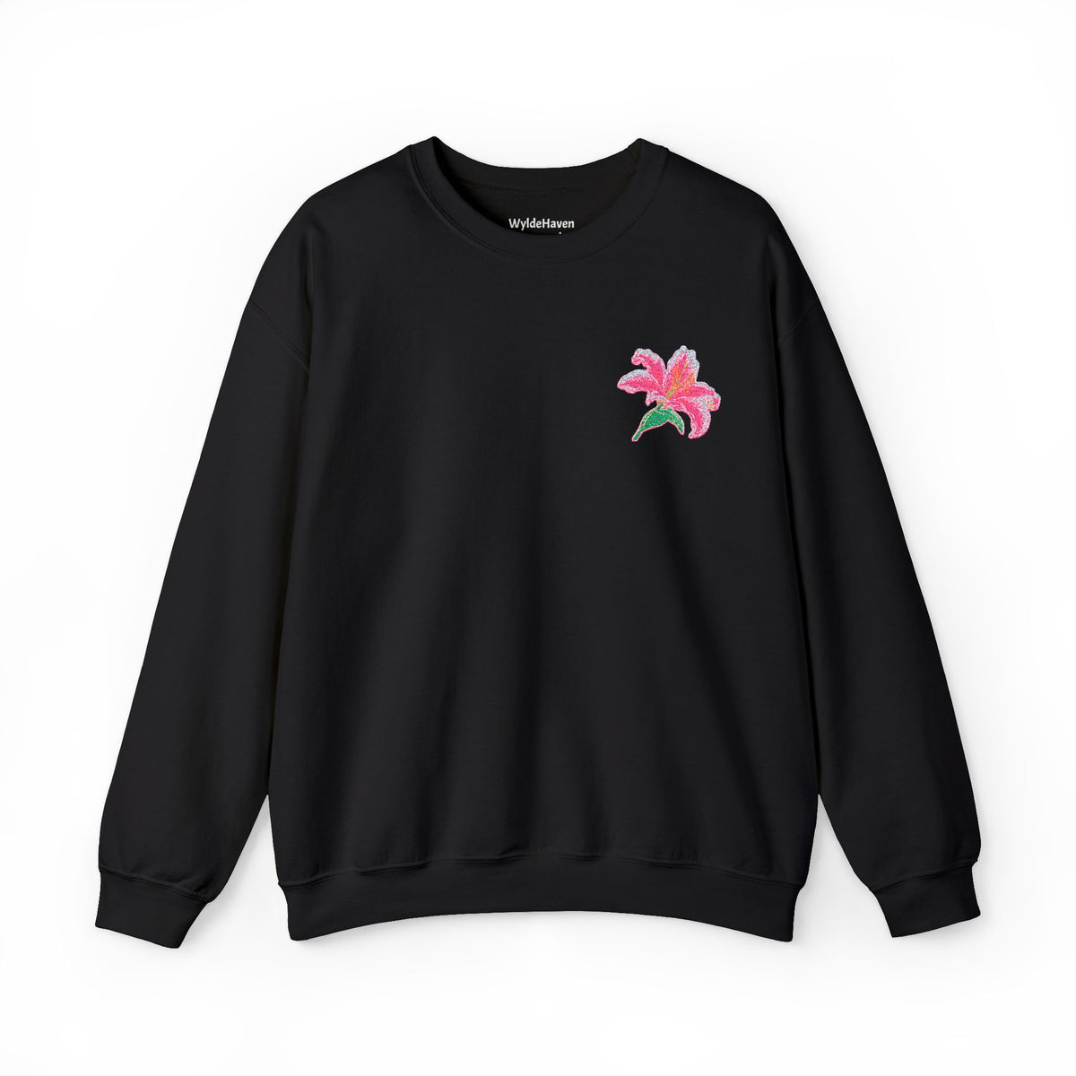 Unisex embroidered lily sweatshirt with floral design on the left chest by Printify, featuring a cozy jumper style.