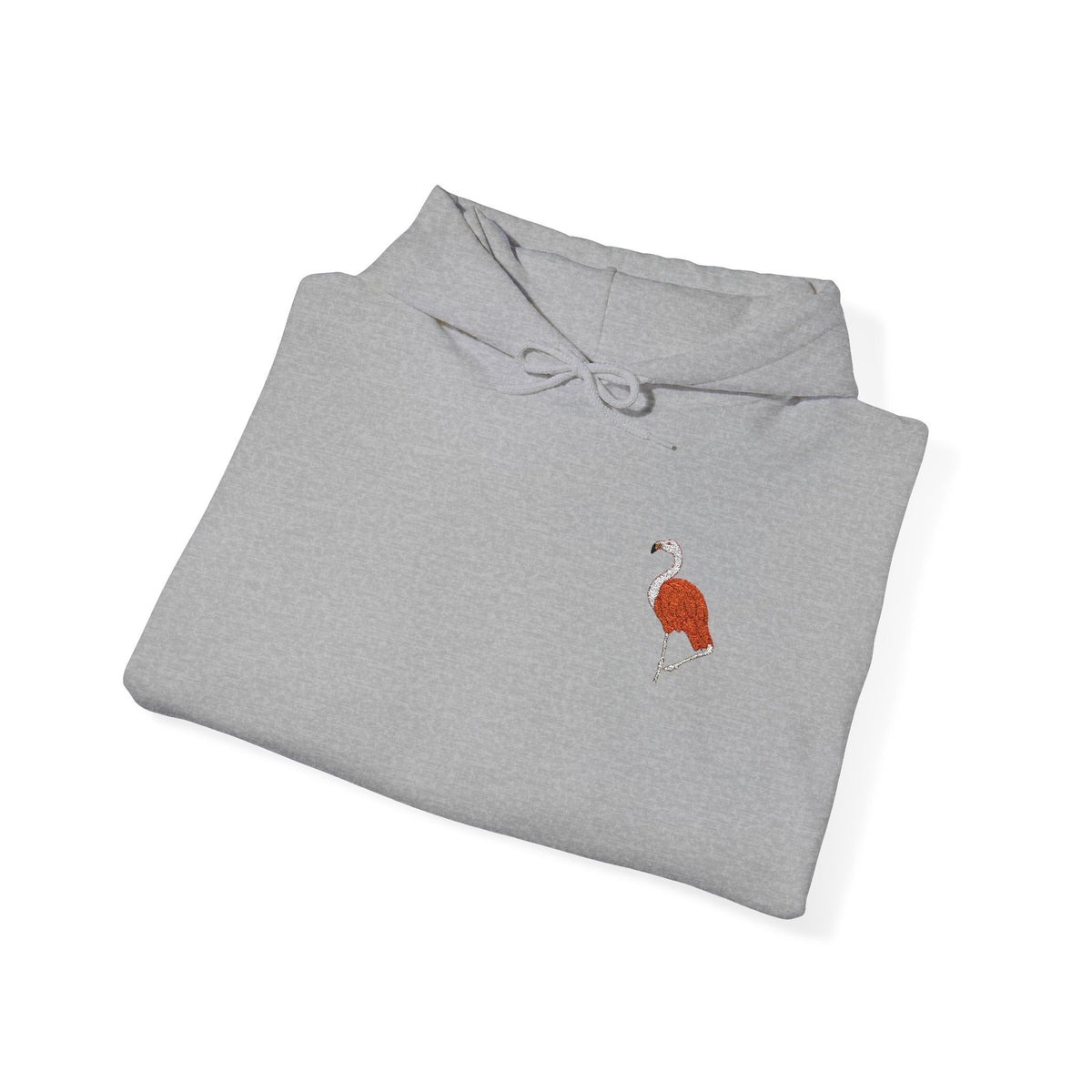 Pink flamingo embroidered hoodie from Wyldelife Collection, featuring wildlife embroidery on a premium unisex hoodie by Printify.