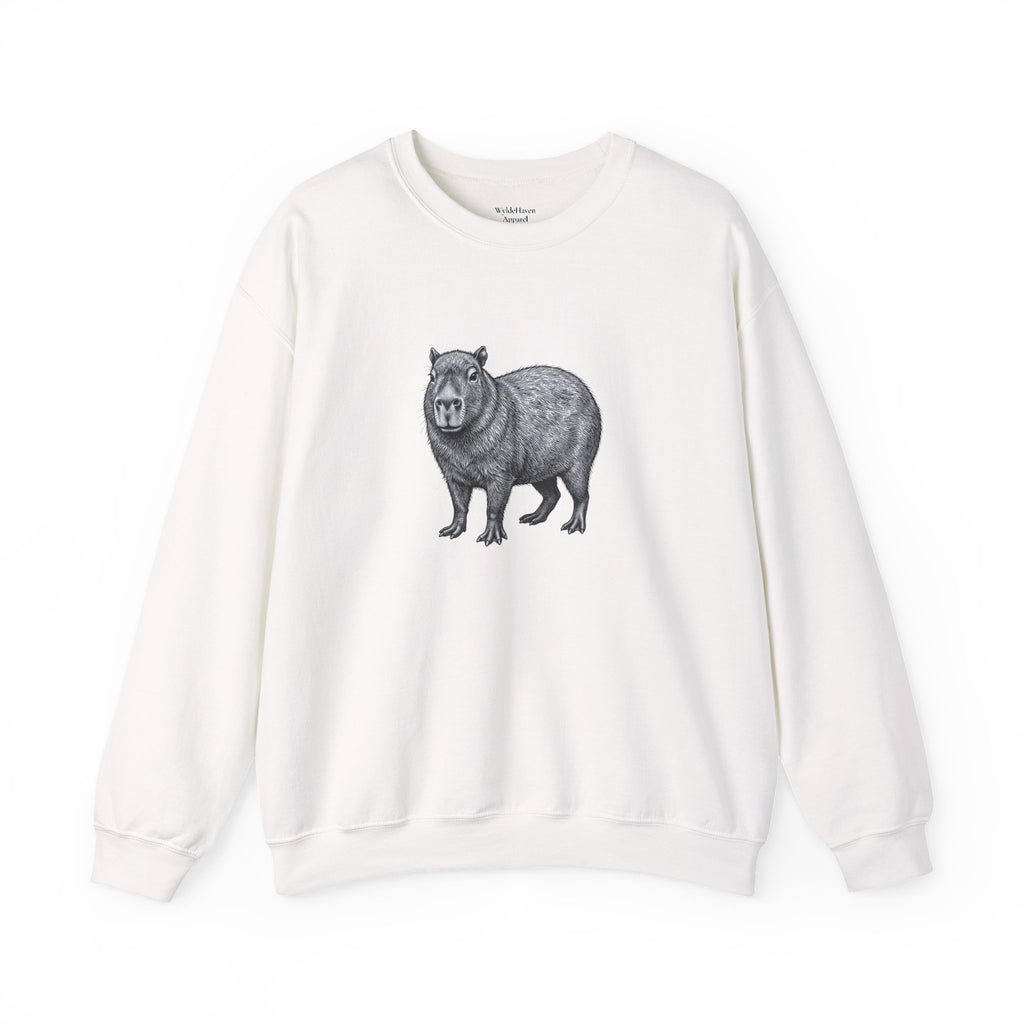 Gray Capybara graphic sweatshirt from Wyldelife Collection by Printify featuring a detailed wildlife art illustration.