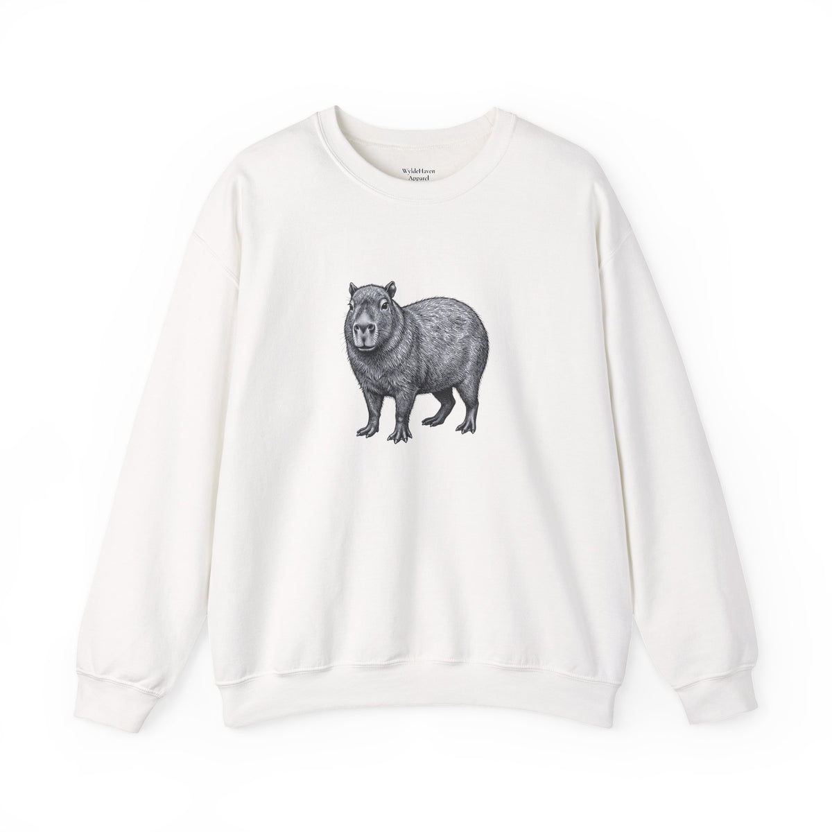 Gray Capybara graphic sweatshirt from Wyldelife Collection by Printify featuring a detailed wildlife art illustration.