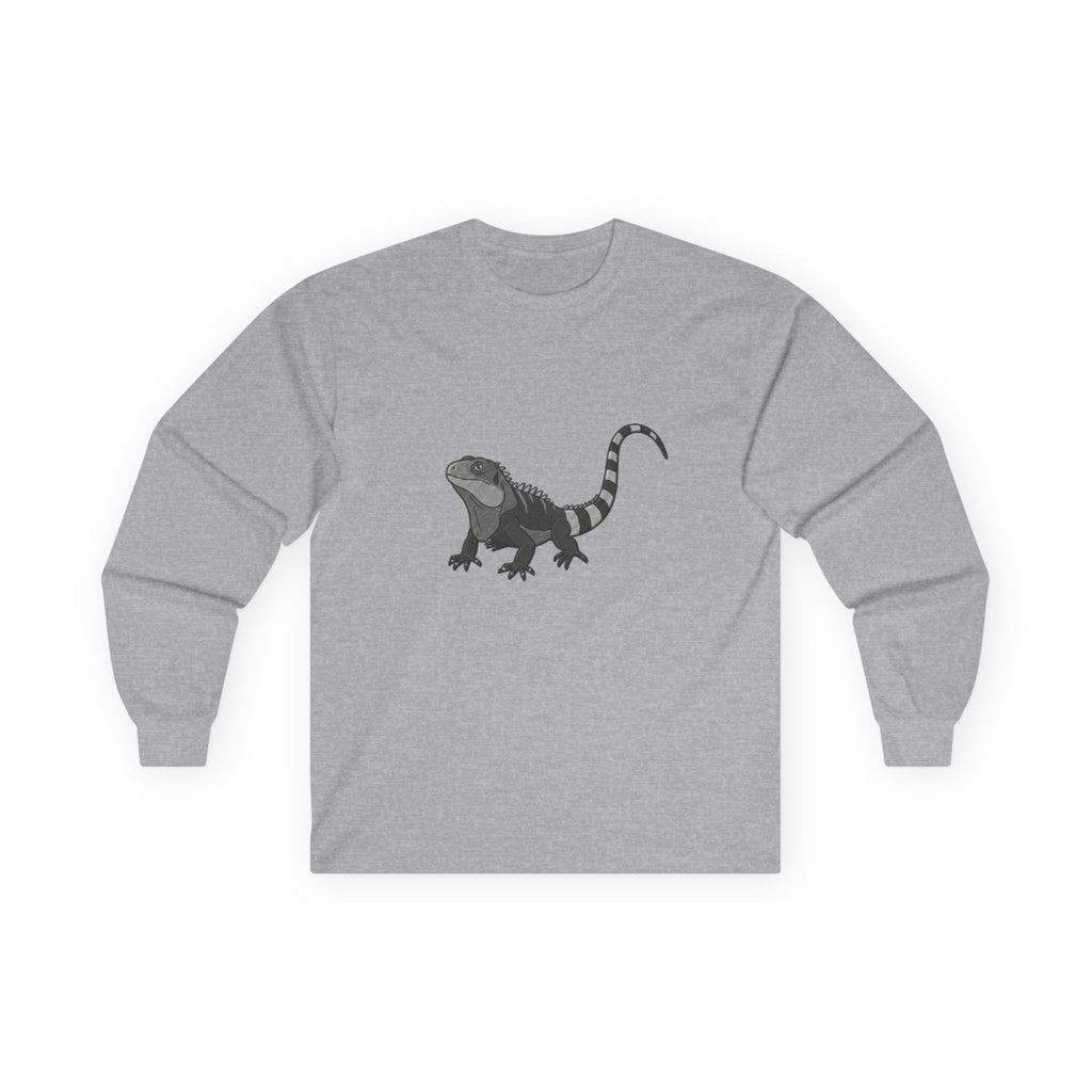 Wildlife graphic long-sleeve T-shirt featuring an iguana design from WyldeLife Collection, made by Printify.