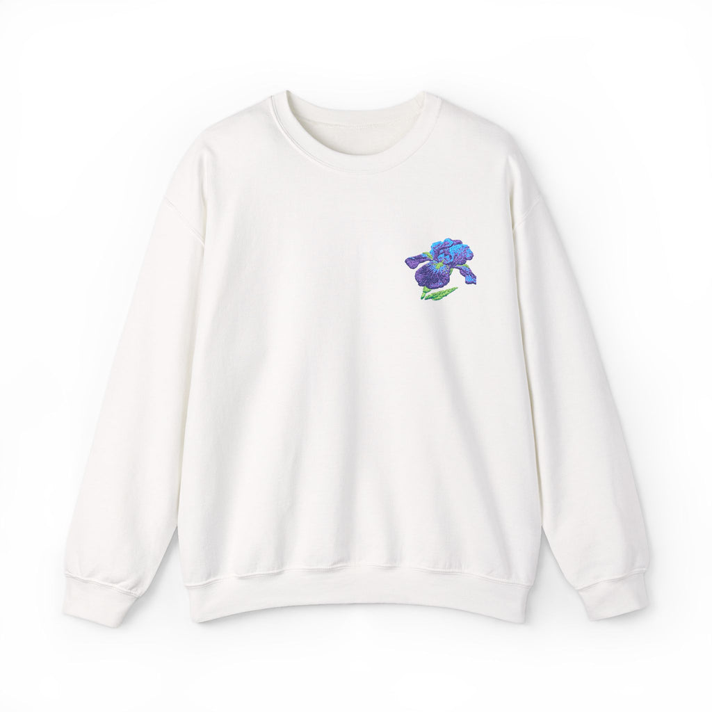 Unisex embroidered iris sweatshirt with floral design on the left chest, featuring a comfortable fit and detailed floral embroidery.