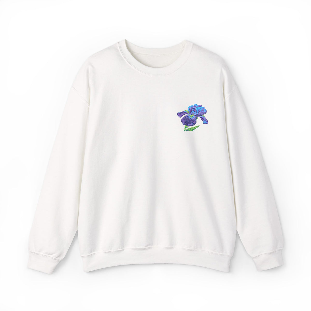 Unisex embroidered iris sweatshirt with floral design on the left chest, featuring a comfortable fit and detailed floral embroidery.