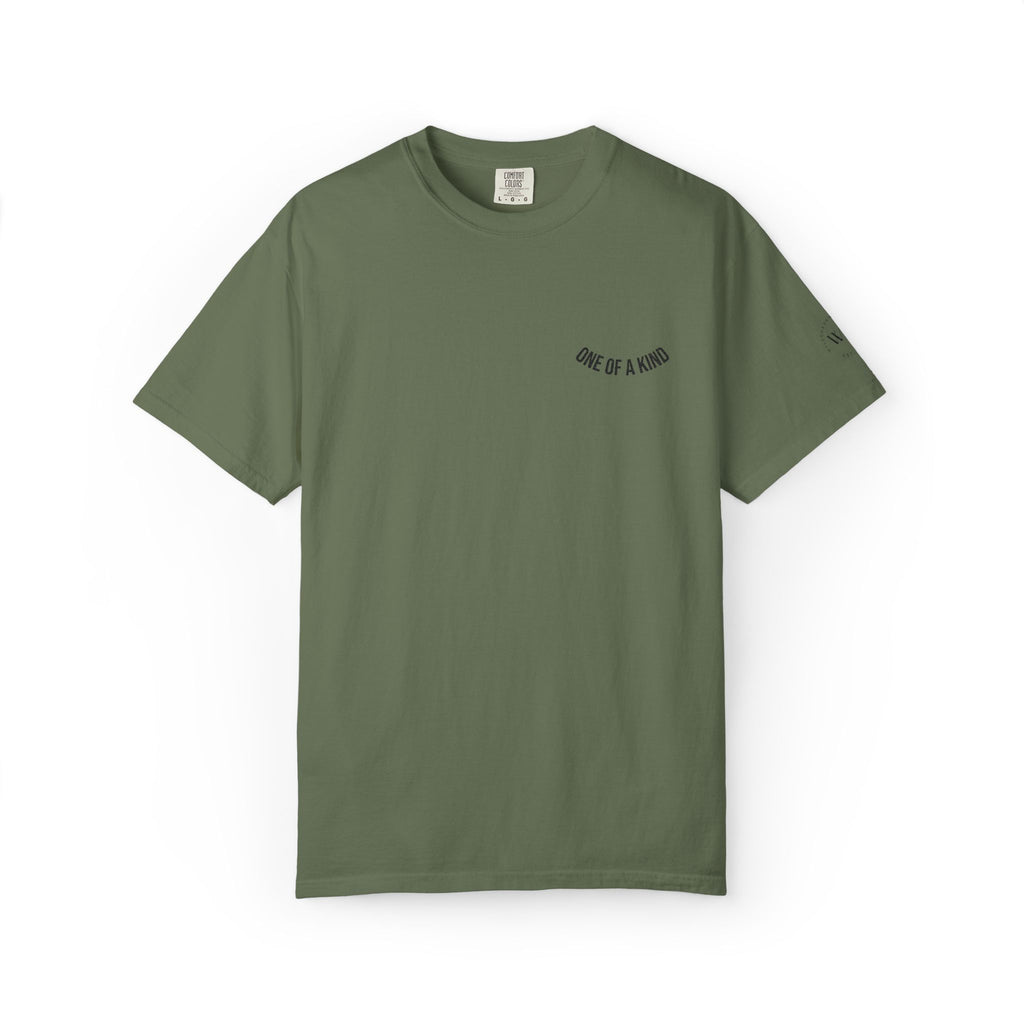 Black "One of a Kind" Chest Logo T-shirt by Printify, featuring a centered logo design on soft cotton fabric.