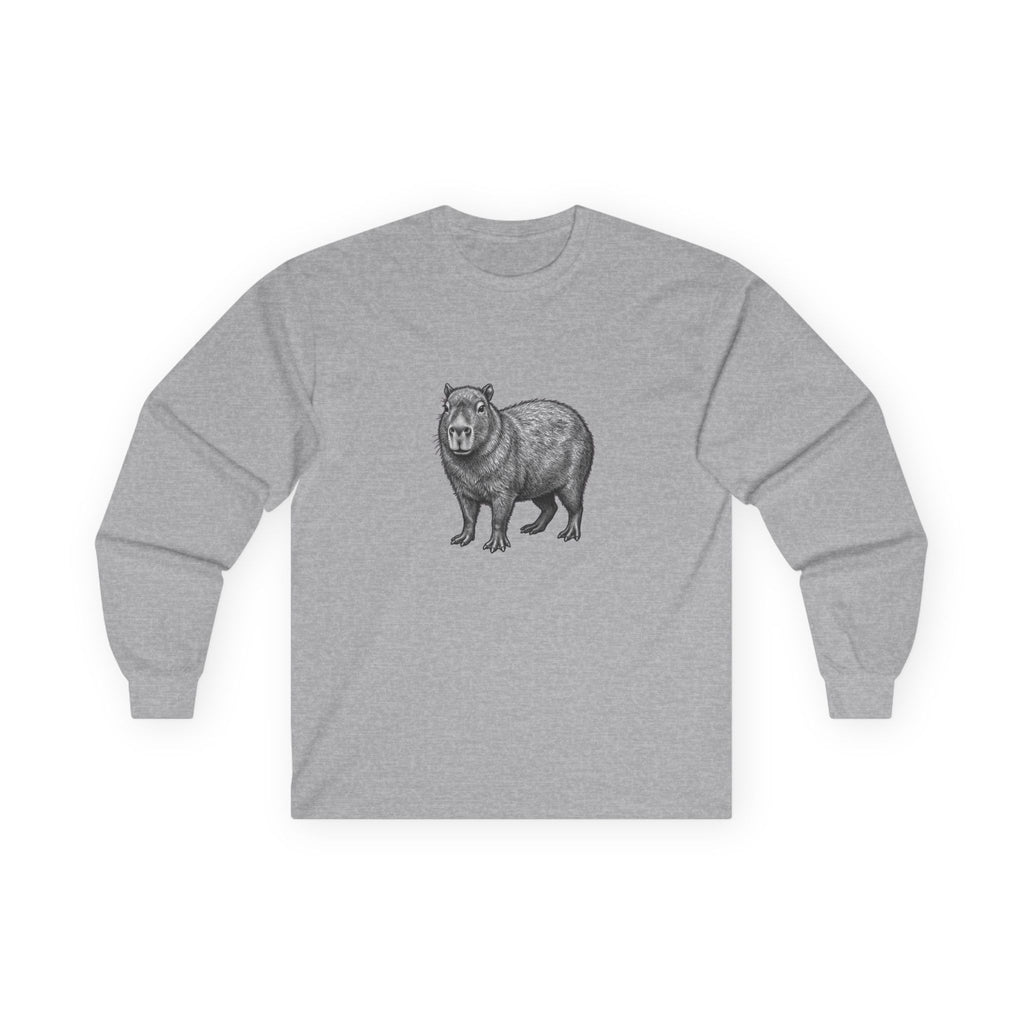 Wildlife graphic long-sleeve T-shirt featuring a capybara design from WyldeLife Collection by Printify.