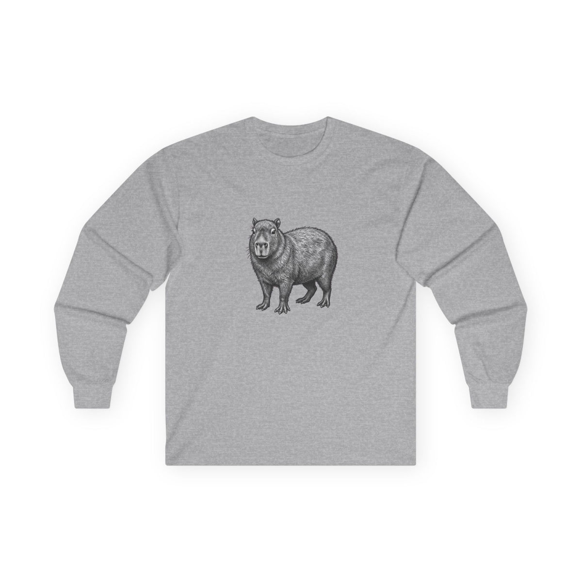Wildlife graphic long-sleeve T-shirt featuring a capybara design from WyldeLife Collection by Printify.