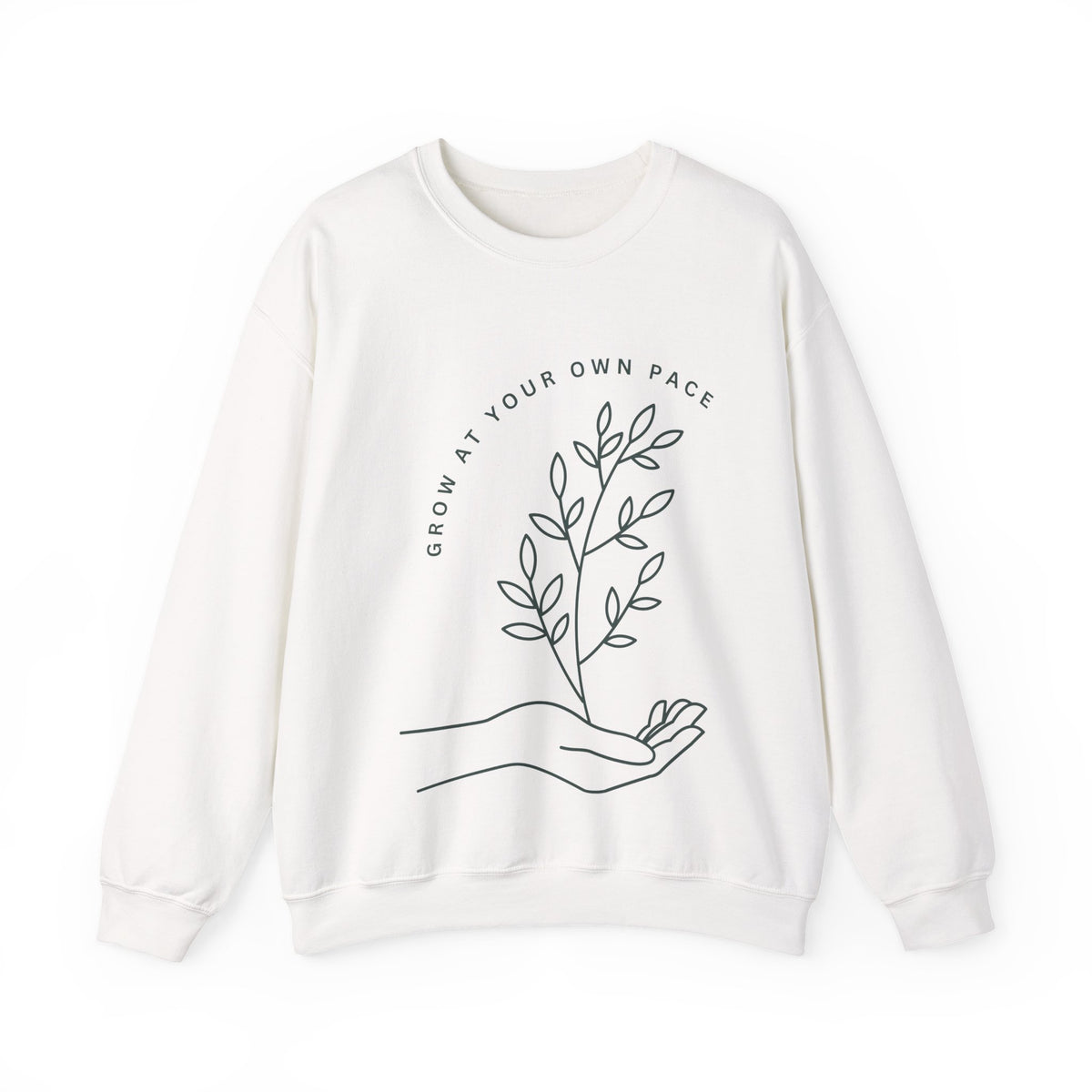 Printify Grow At Your Own Pace crewneck sweatshirt featuring minimalist line art design, soft fabric and comfortable fit.
