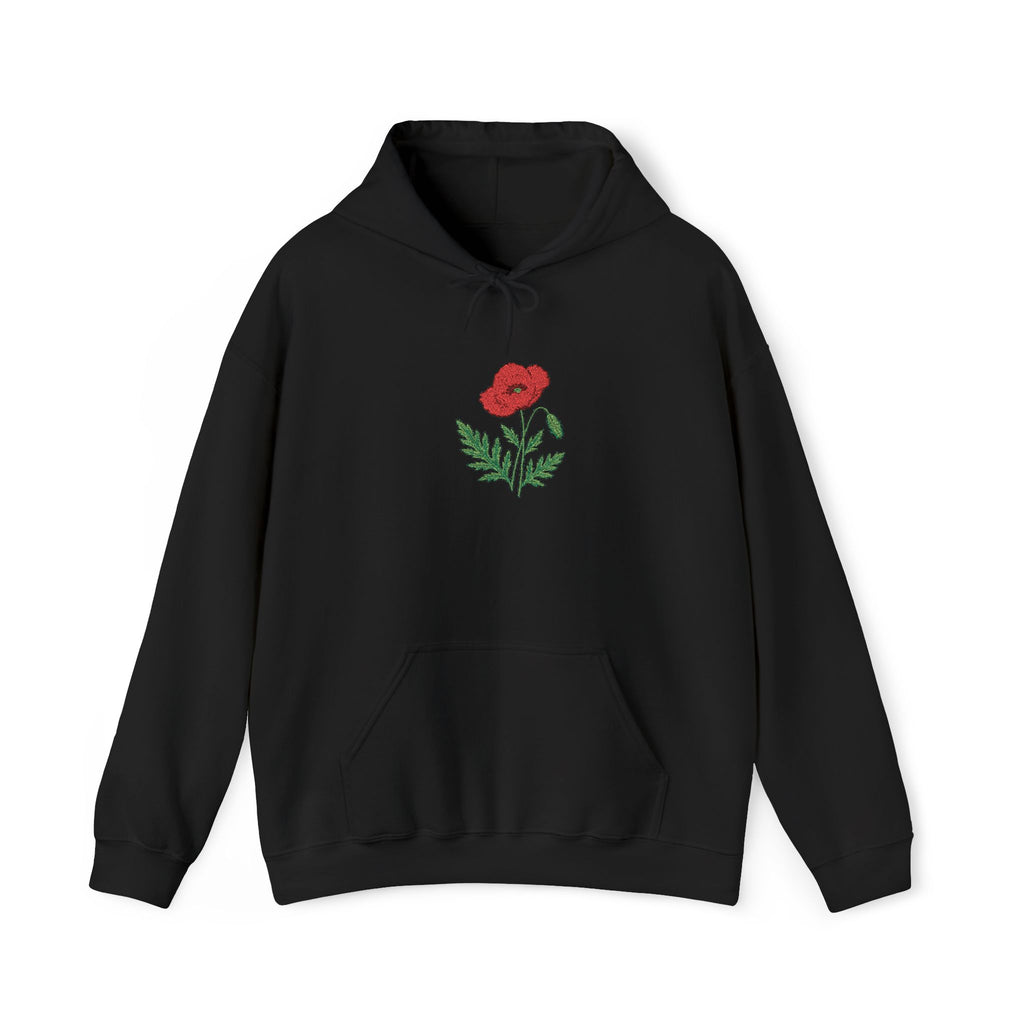 Red hoodie with embroidered red poppy floral design on the front, from Printify, showcasing detailed embroidery and casual style.