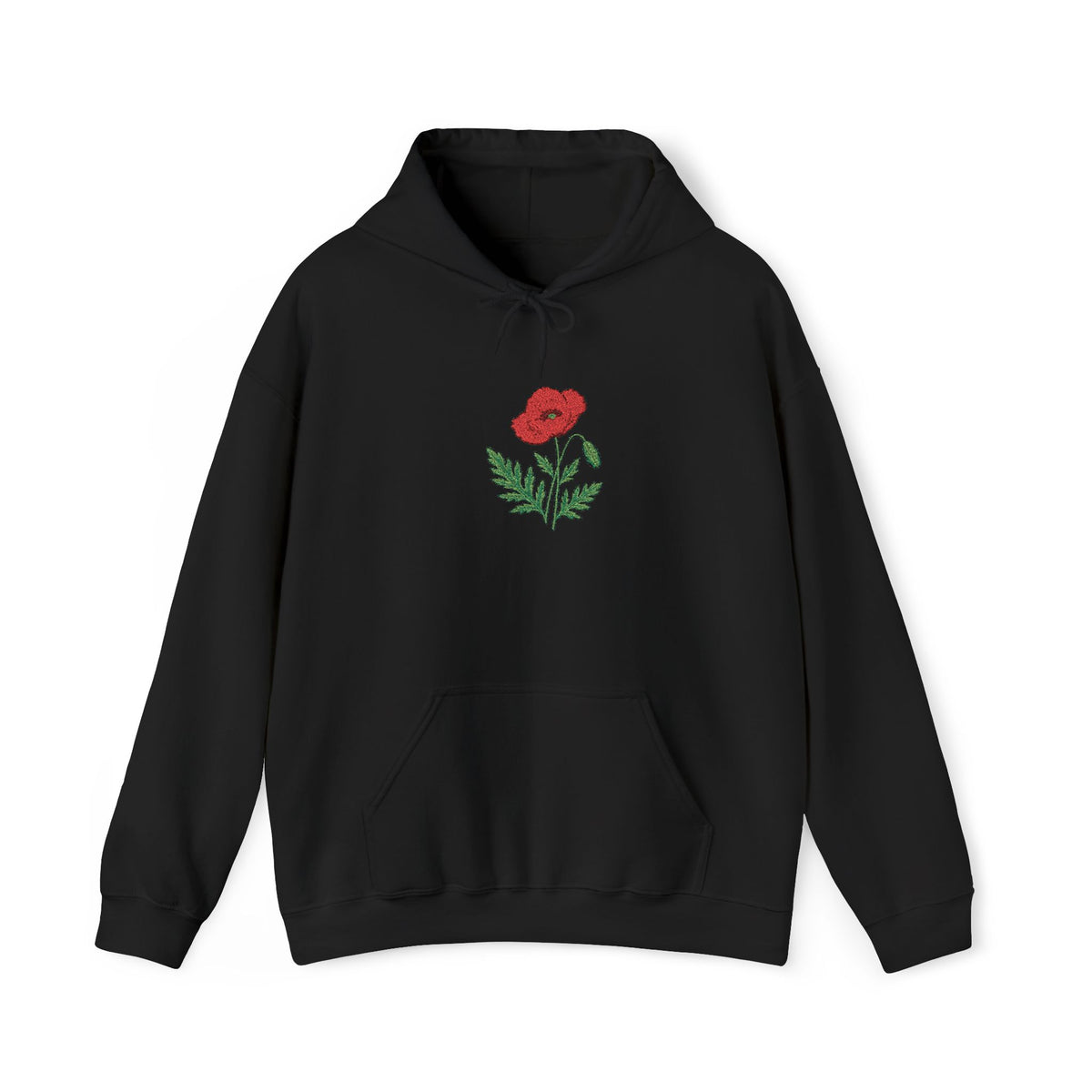 Red hoodie with embroidered red poppy floral design on the front, from Printify, showcasing detailed embroidery and casual style.