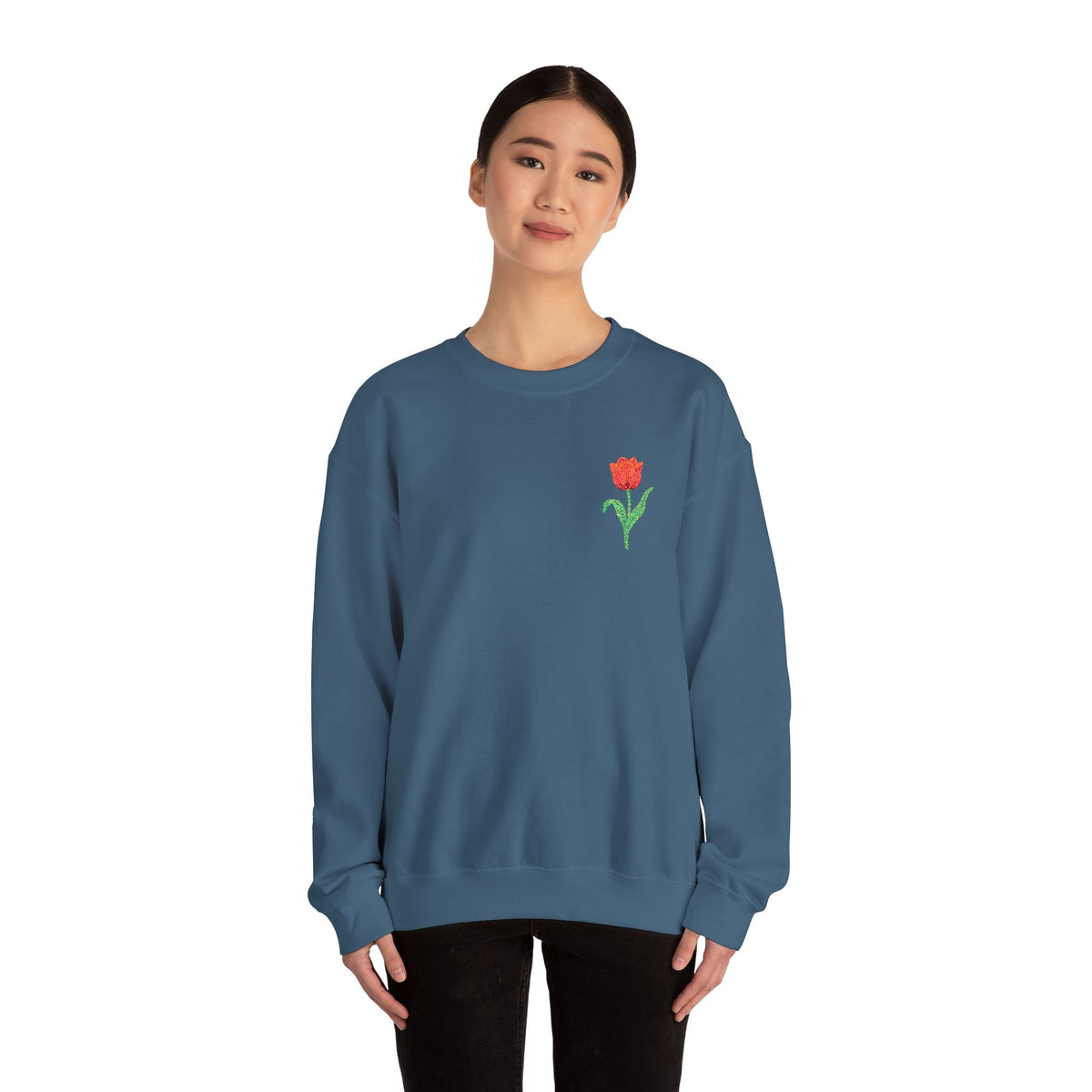 Unisex embroidered tulip floral sweatshirt with a left chest design, made by Printify, featuring colorful flower embroidery.