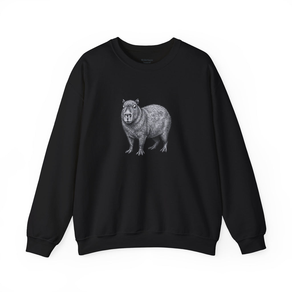 Capybara graphic sweatshirt from Wyldelife Collection by Printify featuring a wildlife art design on soft fabric.