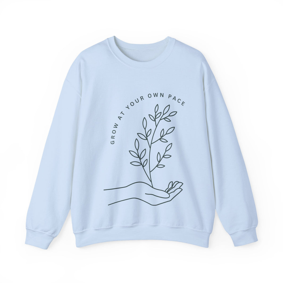 Printify Grow At Your Own Pace crewneck sweatshirt featuring minimalist line art on soft fabric in a casual fit.