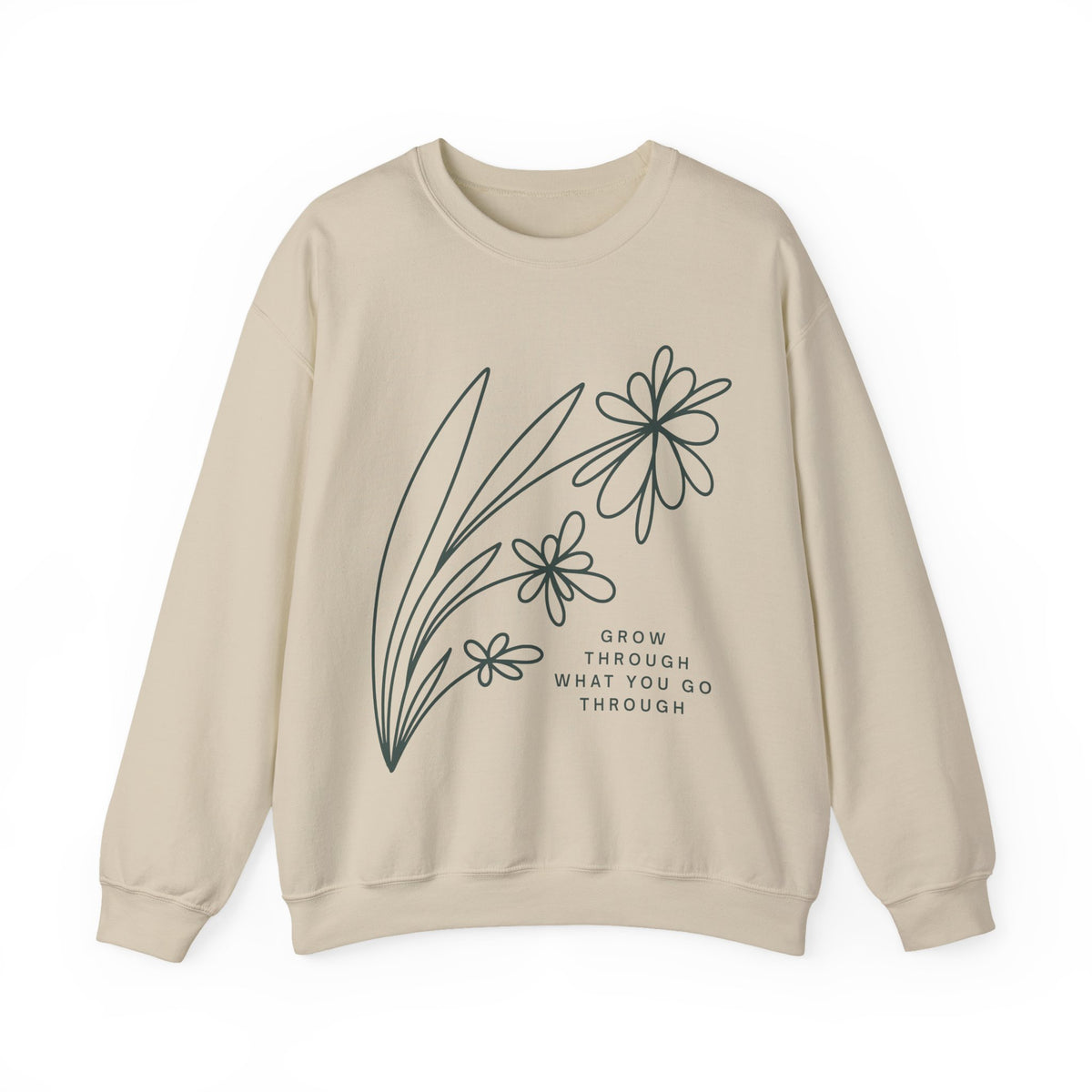 Printify crewneck sweatshirt with floral design and inspirational "Grow Through What You Go Through" quote on soft, comfortable fabric