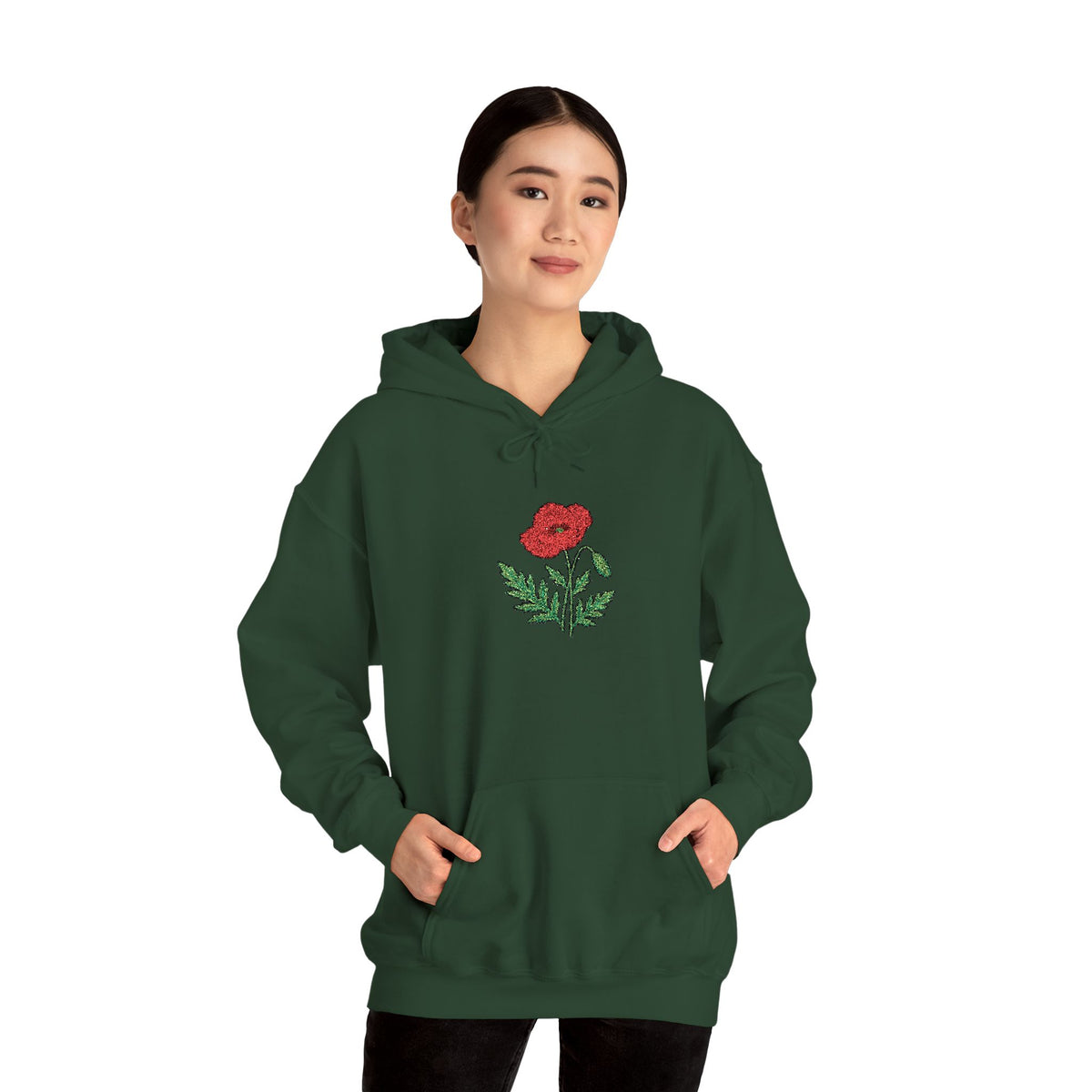 Red hoodie with embroidered red poppy floral design on the center front, casual style by Printify.