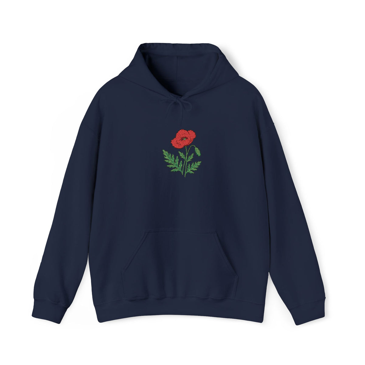 Red hoodie with embroidered red poppy floral design on the front, featuring a casual, comfortable style by Printify.