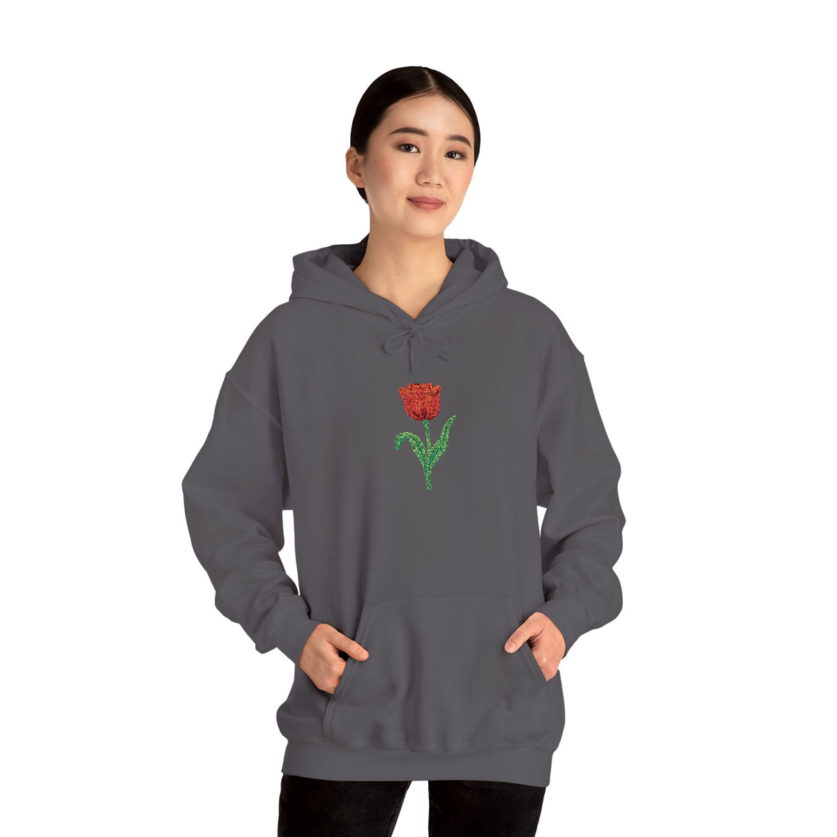 Red hoodie by Printify with embroidered red tulip and floral design on the front, casual and stylish apparel.