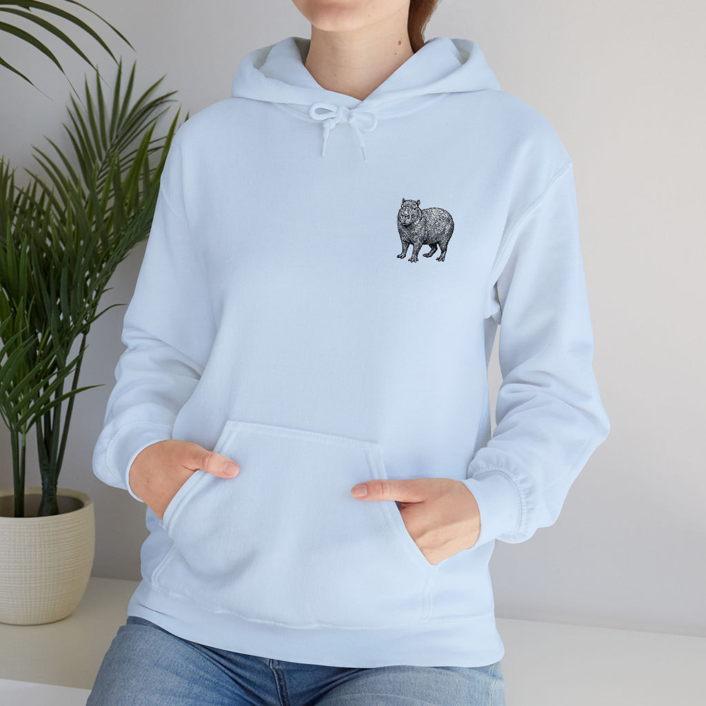 Printify Capybara embroidered hoodie from Wyldelife Collection featuring detailed wildlife embroidery on a cozy hoodie.