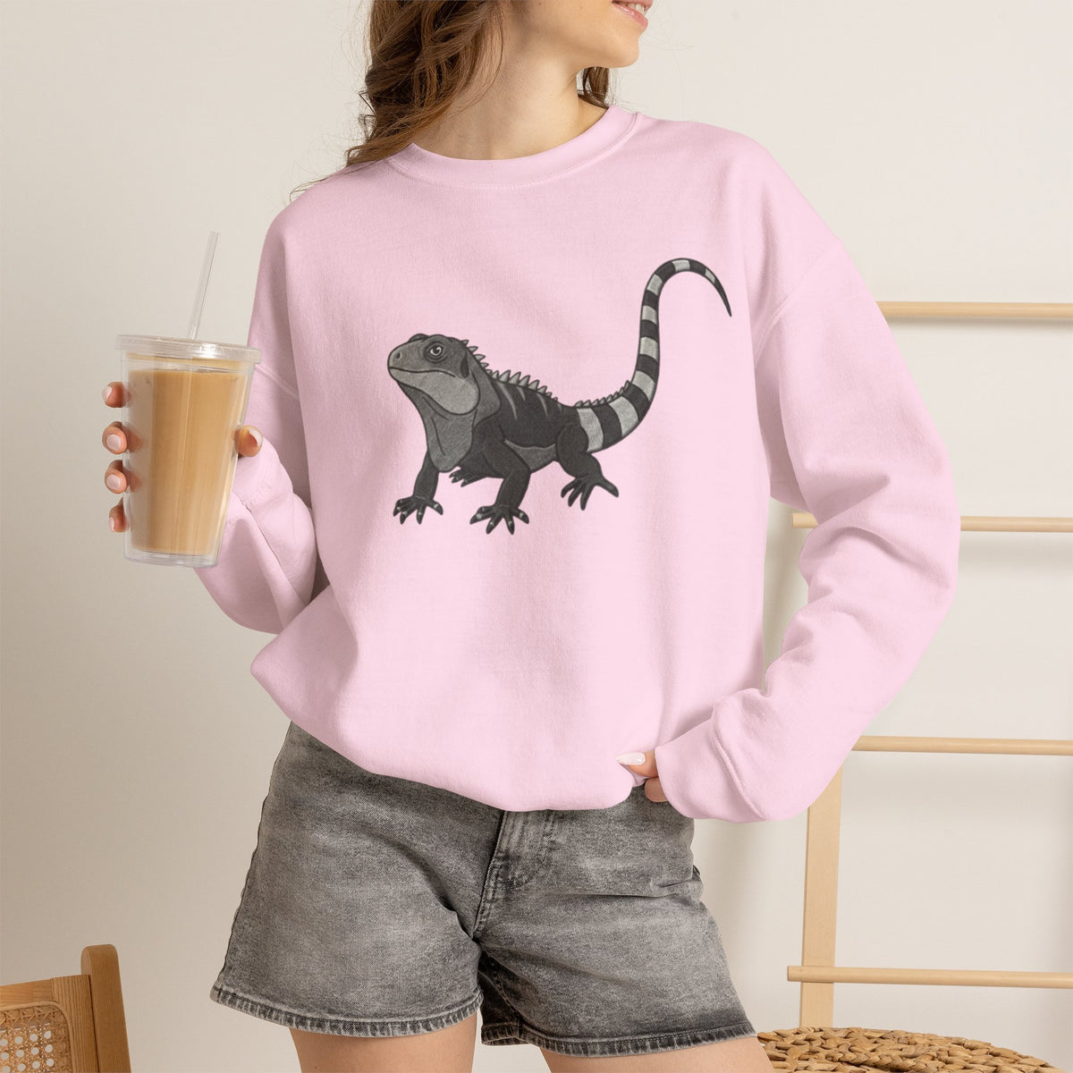 Iguana graphic sweatshirt from Wyldelife Collection by Printify featuring a detailed wildlife art design on a cozy sweatshirt.
