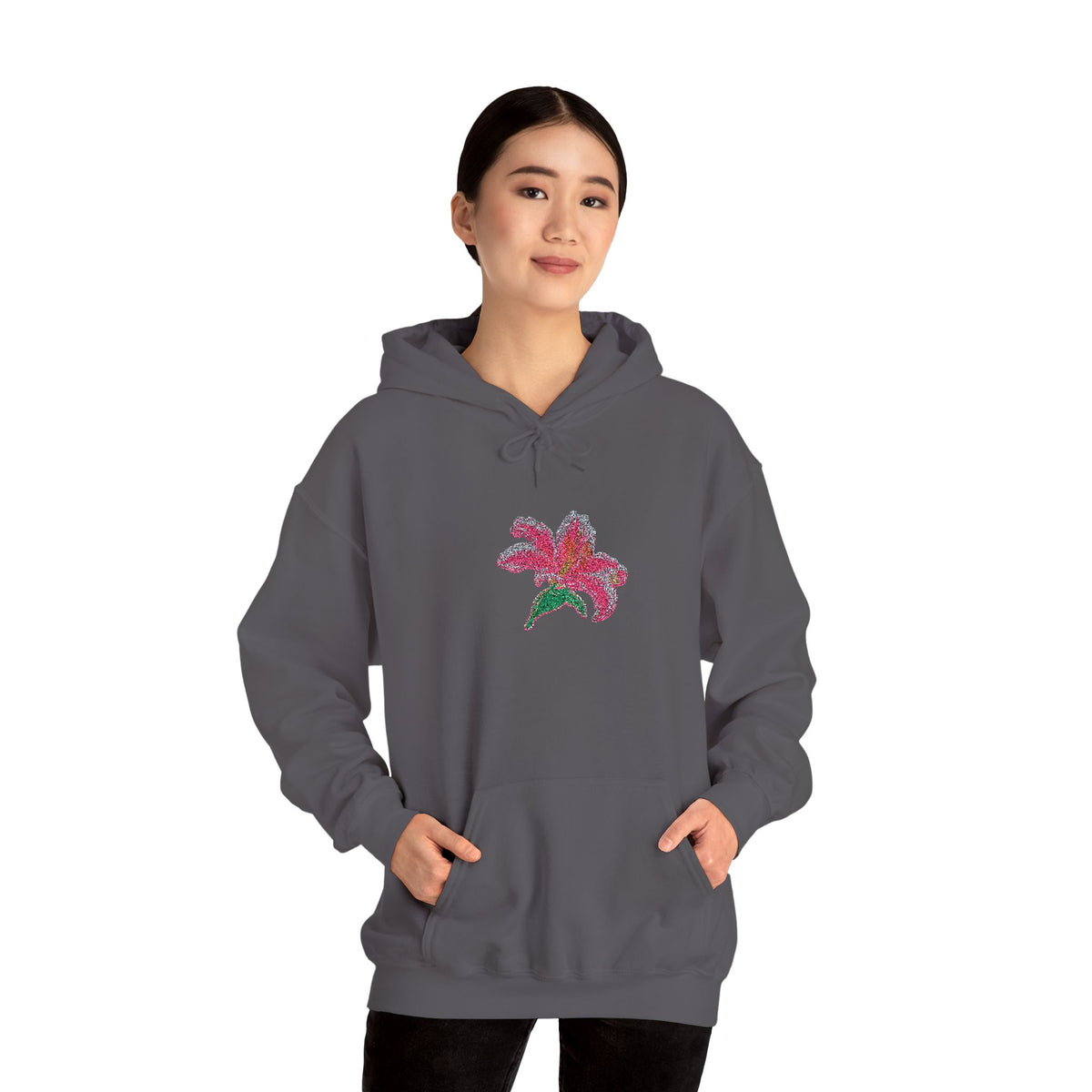 Embroidered lily flower hoodie by Printify featuring a center front floral design on soft fabric.