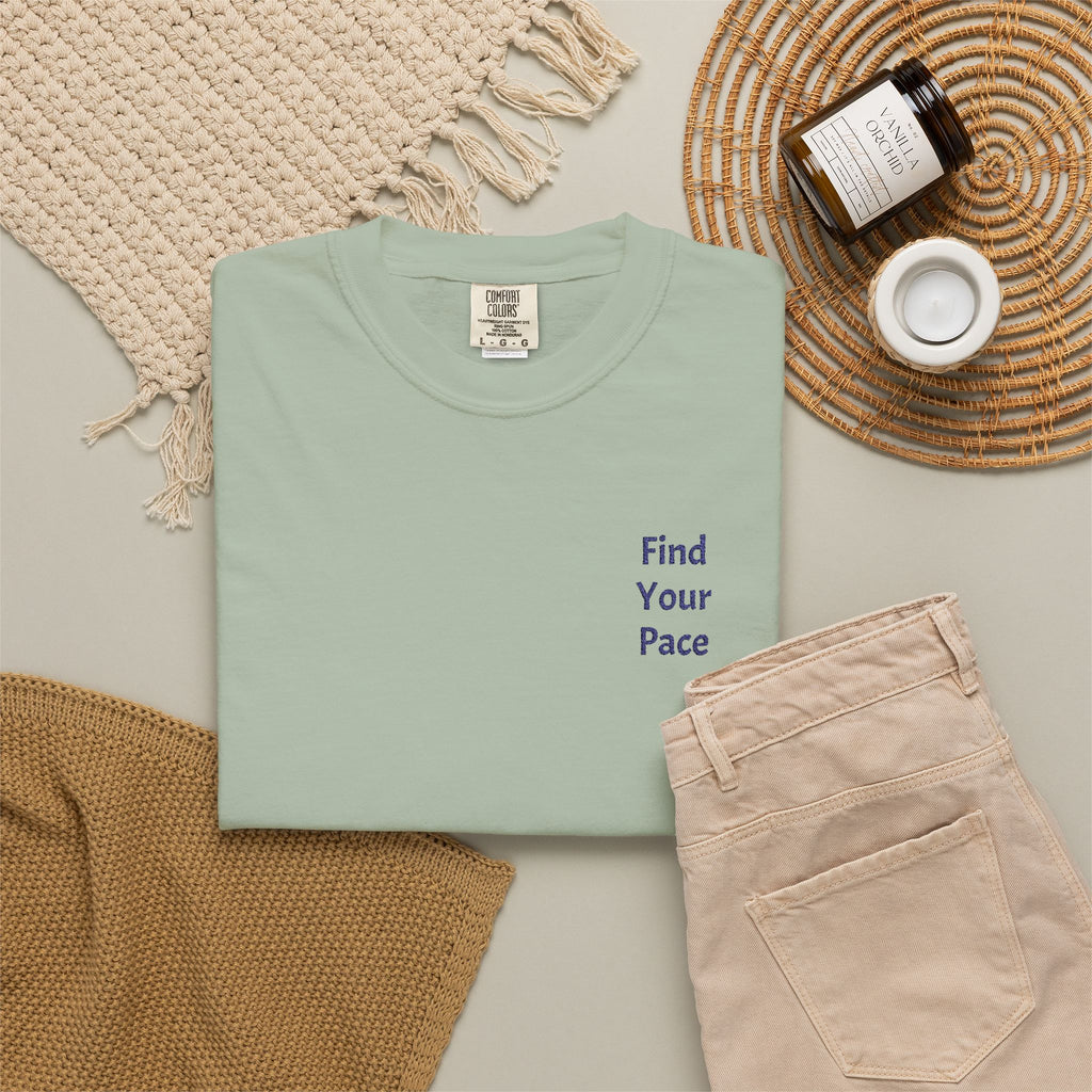 Gray Find Your Pace T-Shirt by Printify with minimal motivational chest print, casual fit, and comfortable fabric.