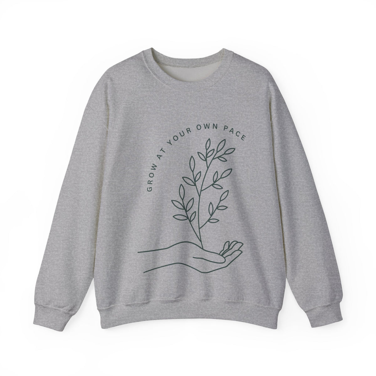Printify Grow At Your Own Pace minimalist line art crewneck sweatshirt showing simple black line design on soft fabric.