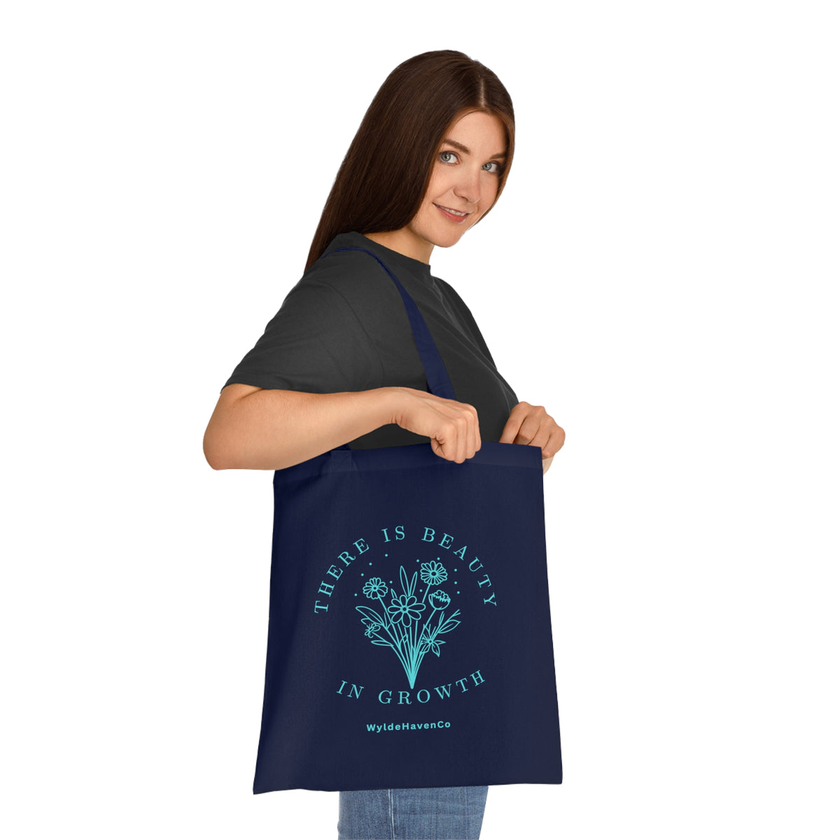 Eco-friendly floral cotton tote bag with inspirational "There Is Beauty In Growth" design by Printify, showcasing durable fabric and floral pattern.